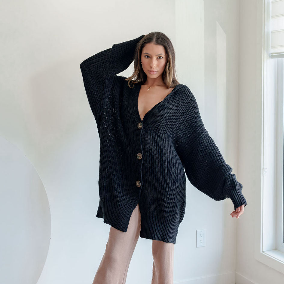 Black Cotton Batwing Oversized Cardigan | OKAKIE