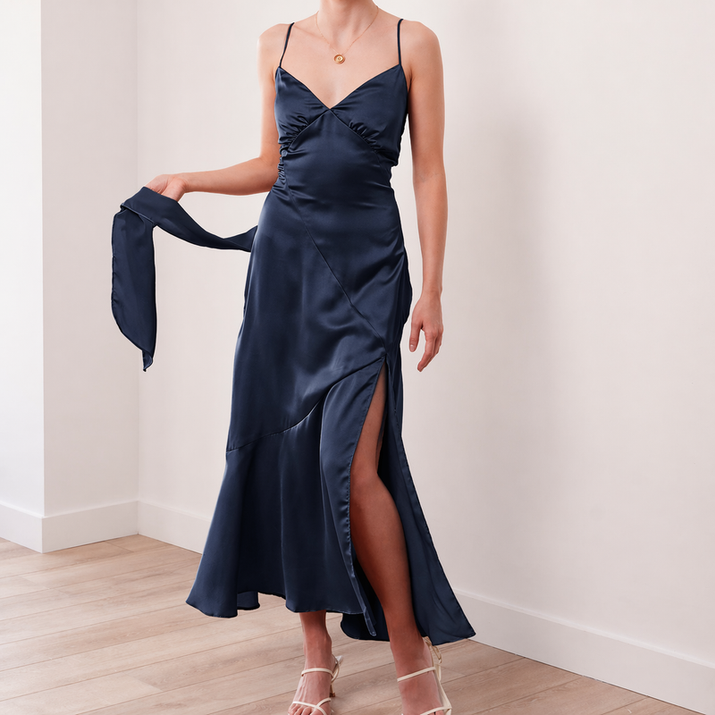 THE AIRA BIAS SATIN SCARF DRESS