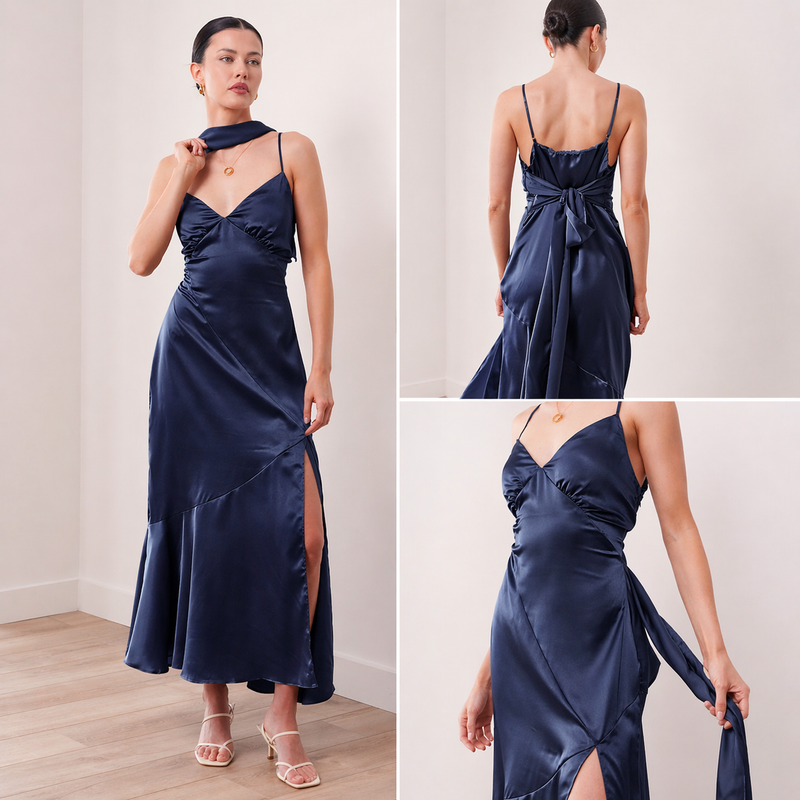 THE AIRA BIAS SATIN SCARF DRESS