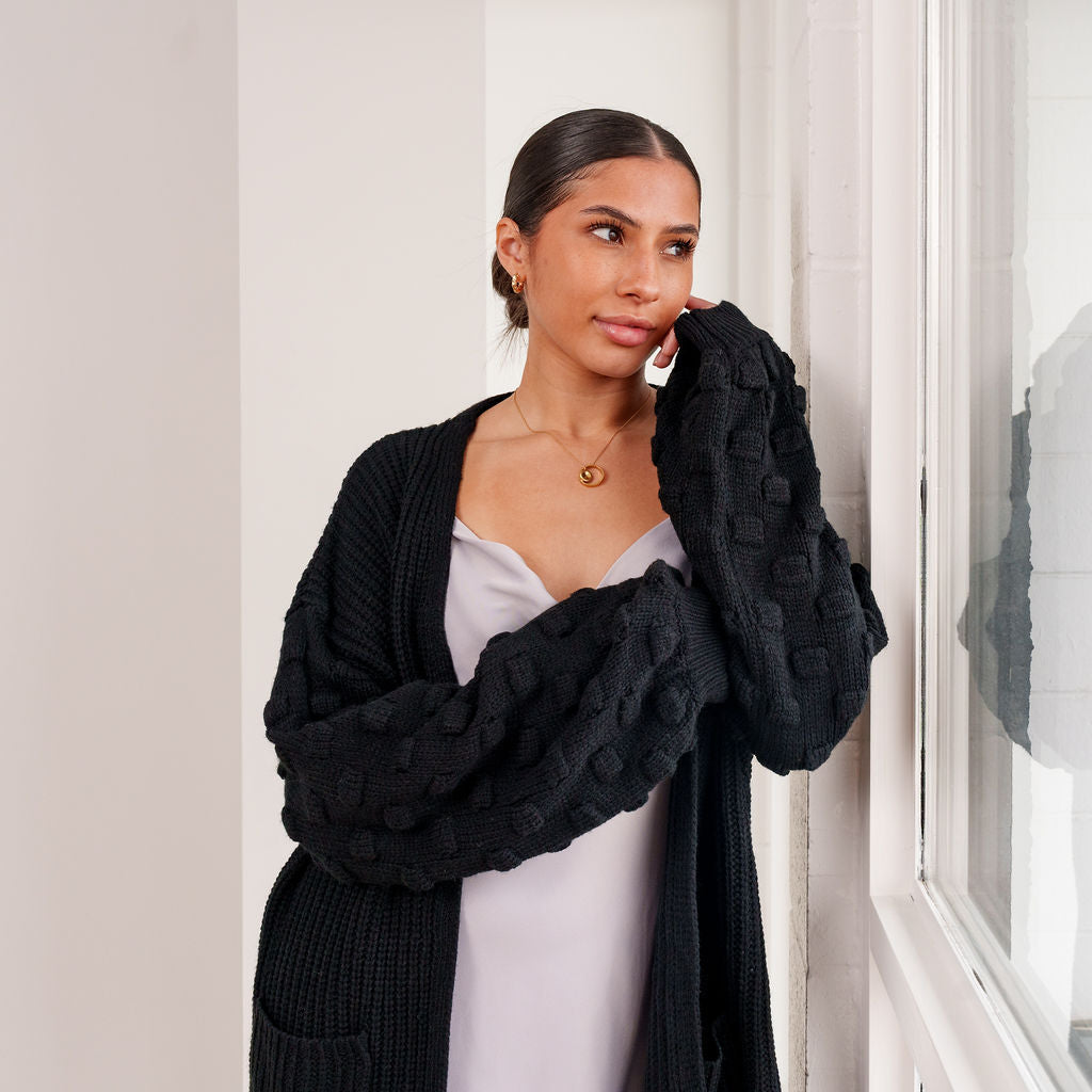 Textured Sleeve Knit Cardigan | Oversized Cotton Cardigan | OKAKIE