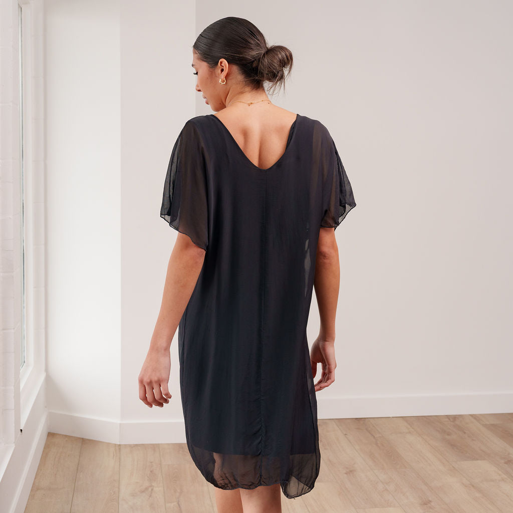 THE CALYRA SILK DRAPE DRESS