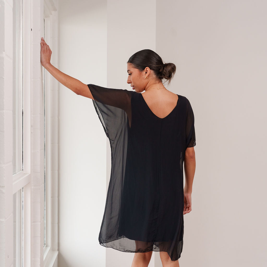 THE CALYRA SILK DRAPE DRESS