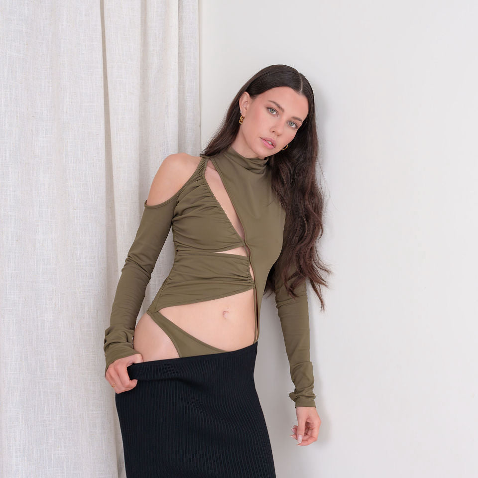 Olive Asymmetric Bodysuit With Cutouts