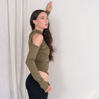 Olive Asymmetric Bodysuit With Cutouts