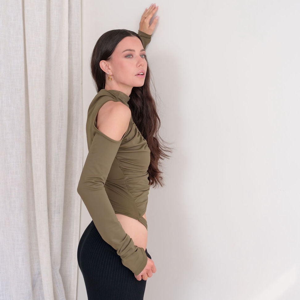 Olive Asymmetric Bodysuit With Cutouts