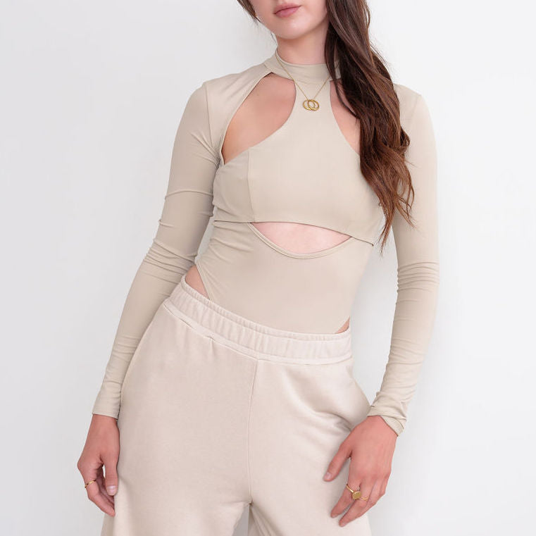 Tan High Neck Bodysuit With Cut Out Design
