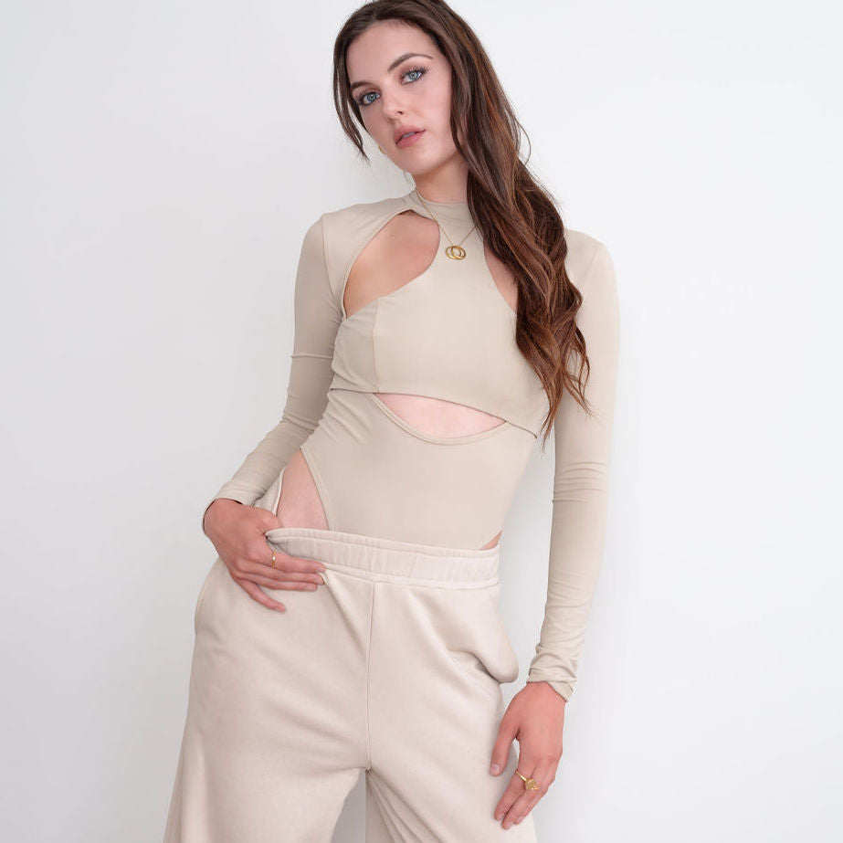 Tan High Neck Bodysuit With Cut Out Design