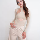 Tan High Neck Bodysuit With Cut Out Design