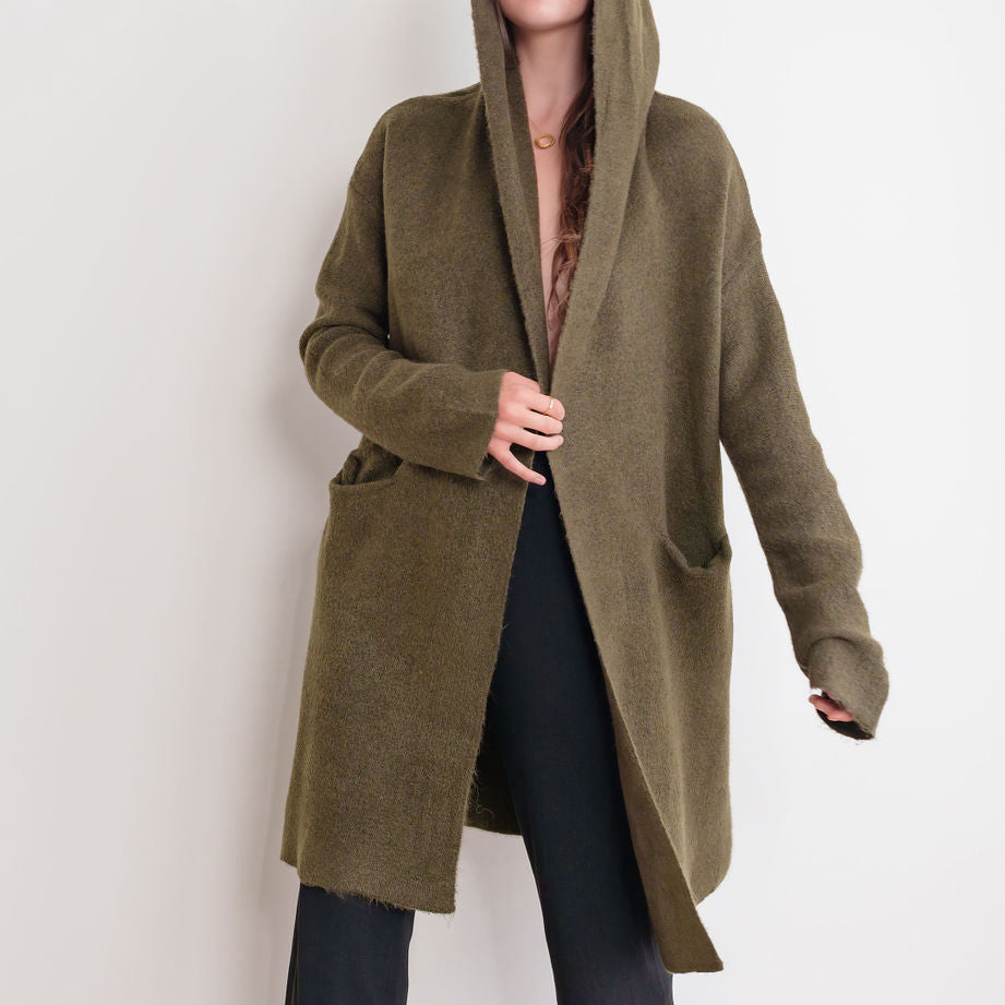 Hooded Heavy Cardigan in Olive