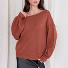 Rust Tunic Sweater With Boat Neck Design