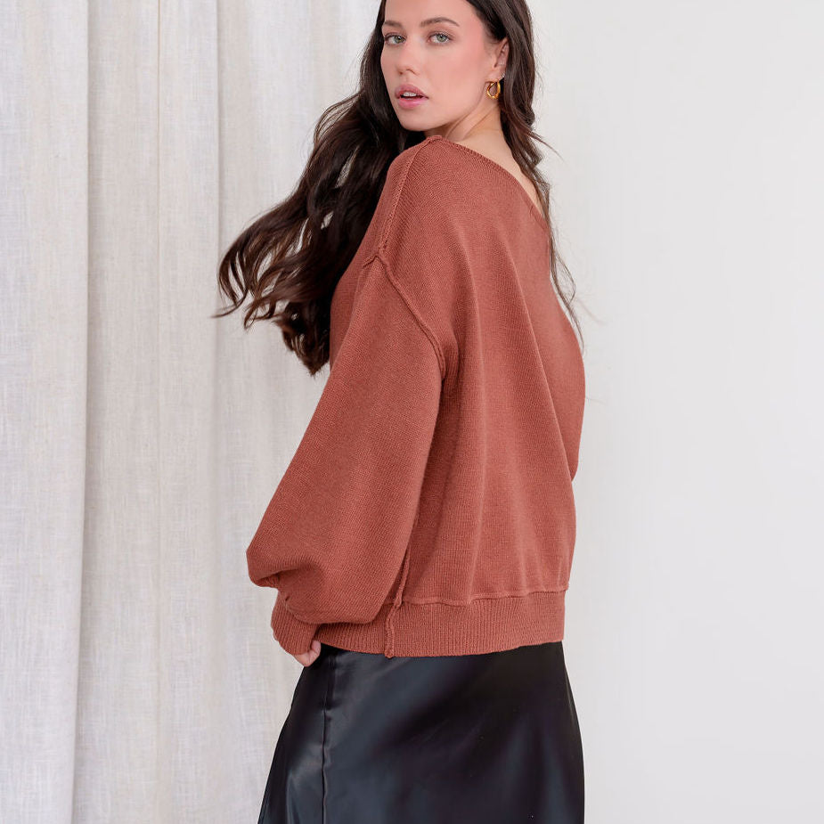 Rust Tunic Sweater With Boat Neck Design