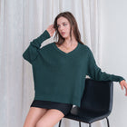 Cotton V-Neck Grandpa Sweater in Forrest Green