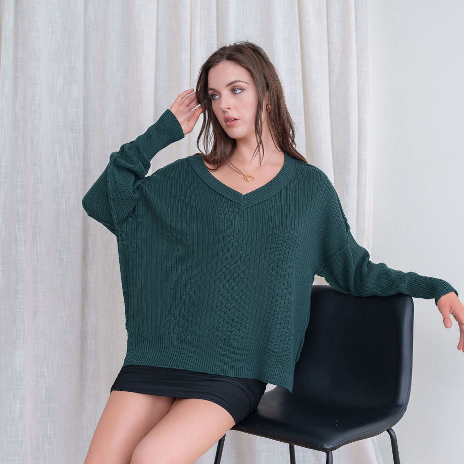 Cotton V-Neck Grandpa Sweater in Forrest Green