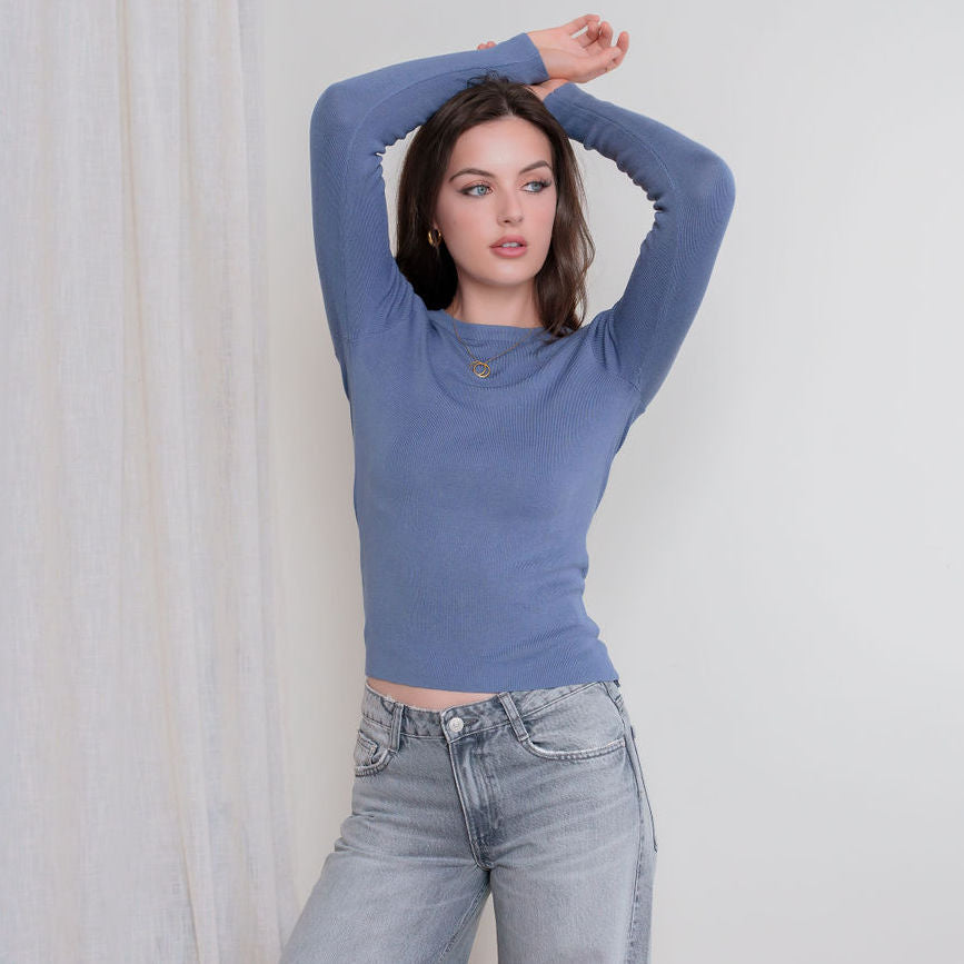 Blue Long Sleeve Crew Neck Top