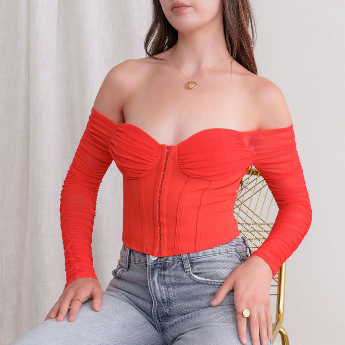 Mesh Corset Top With Off-Shoulder Long Sleeve