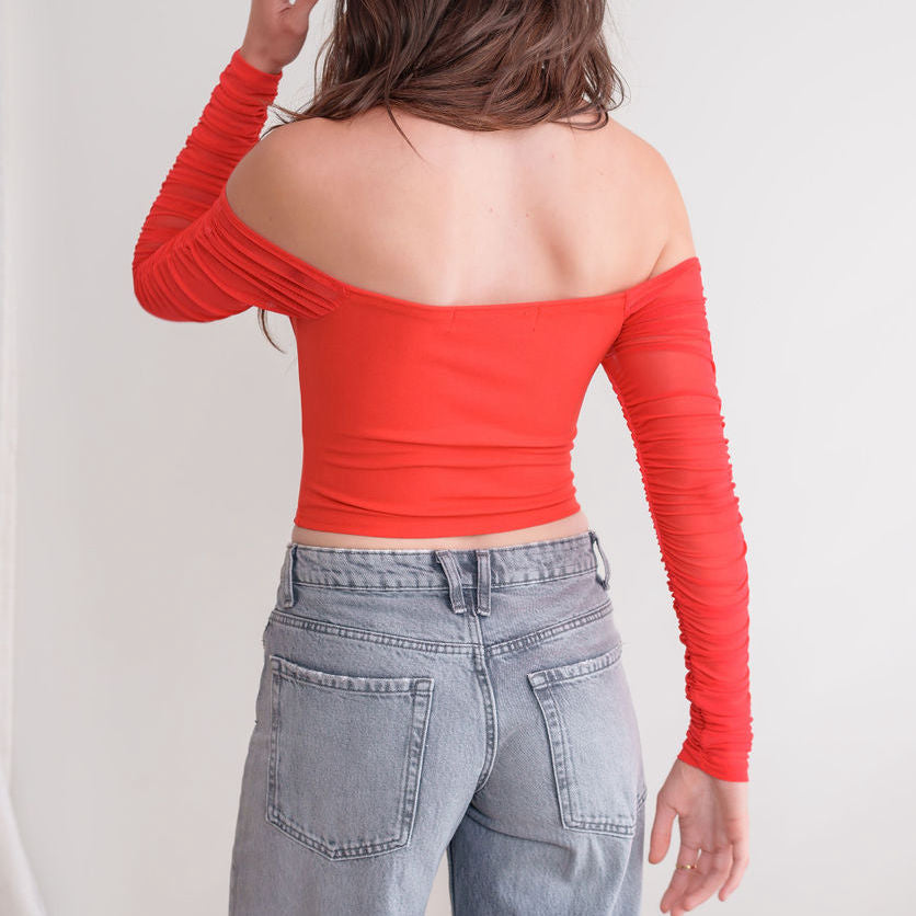 Mesh Corset Top With Off-Shoulder Long Sleeve
