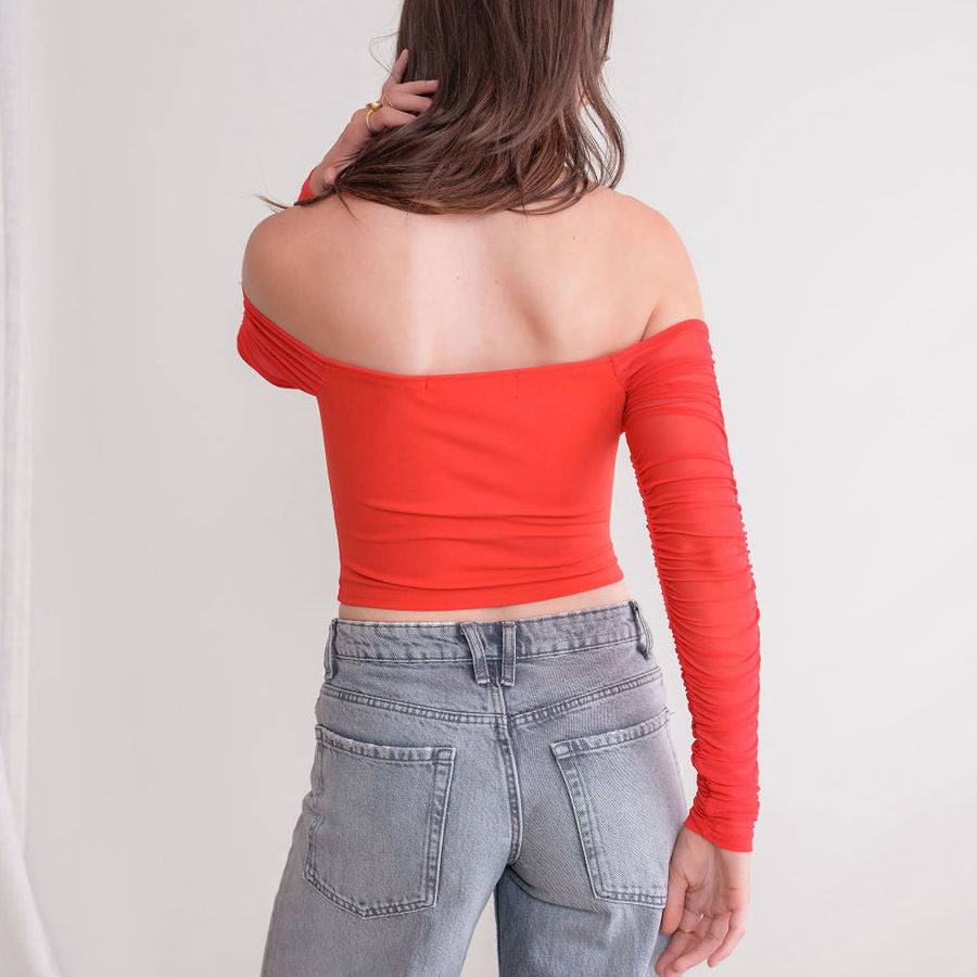 Mesh Corset Top With Off-Shoulder Long Sleeve