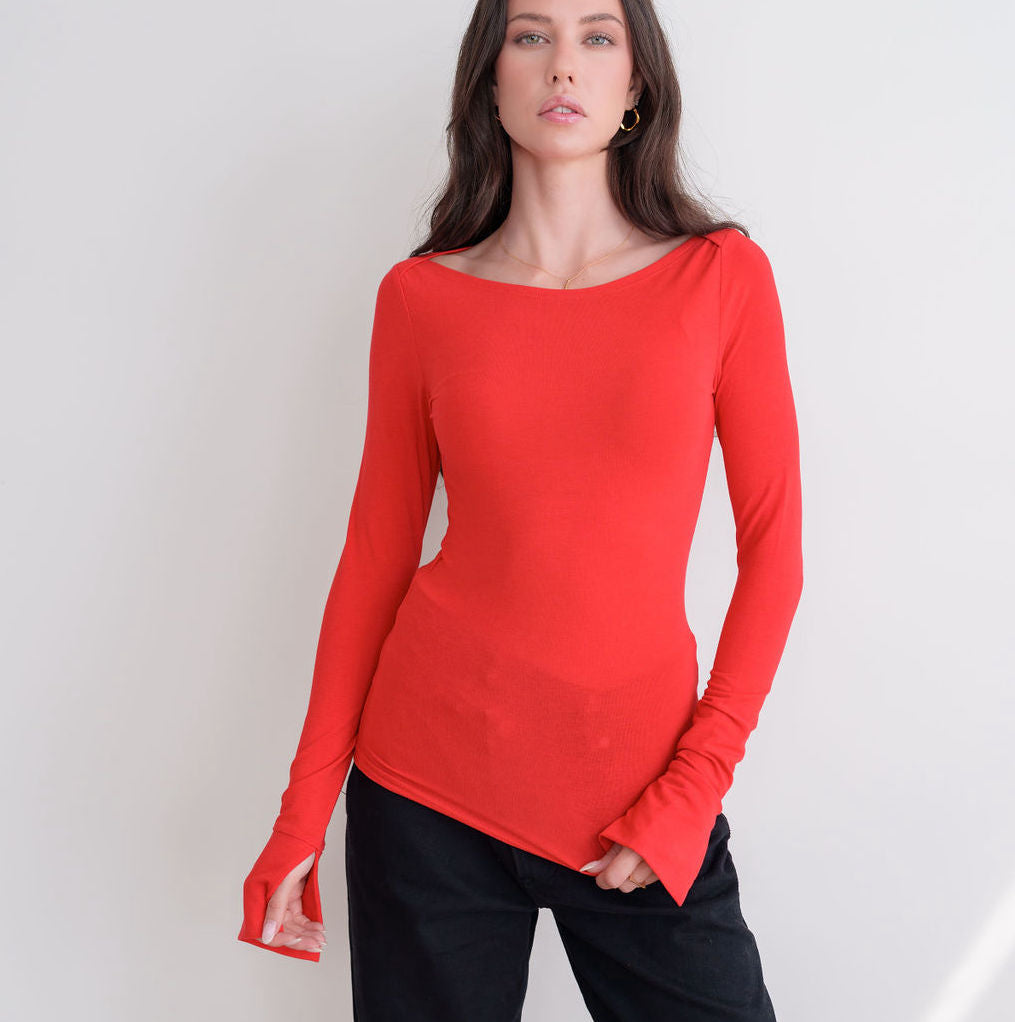 Long Sleeve Boatneck Top With Slit Sleeve