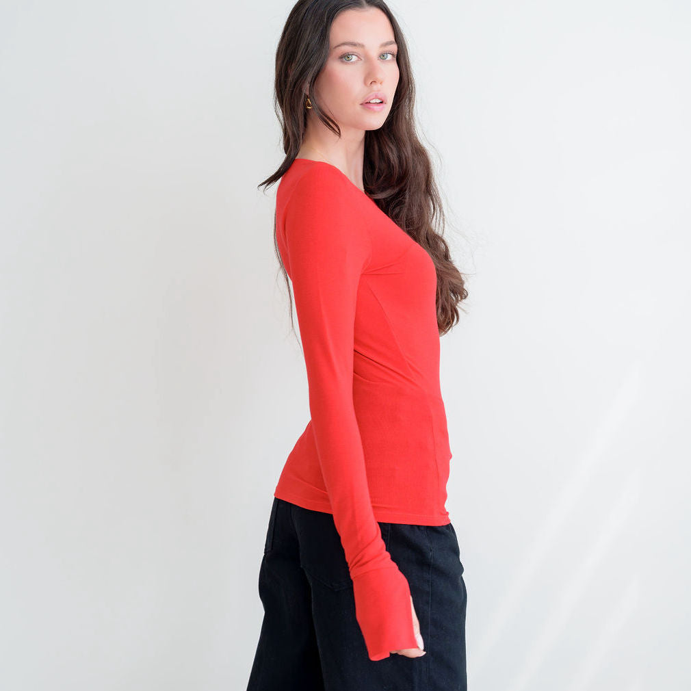 Long Sleeve Boatneck Top With Slit Sleeve