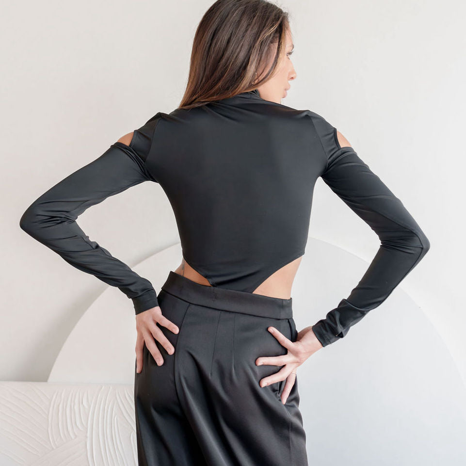 Black Mock Neck Bodysuit With Zipper Bust Design