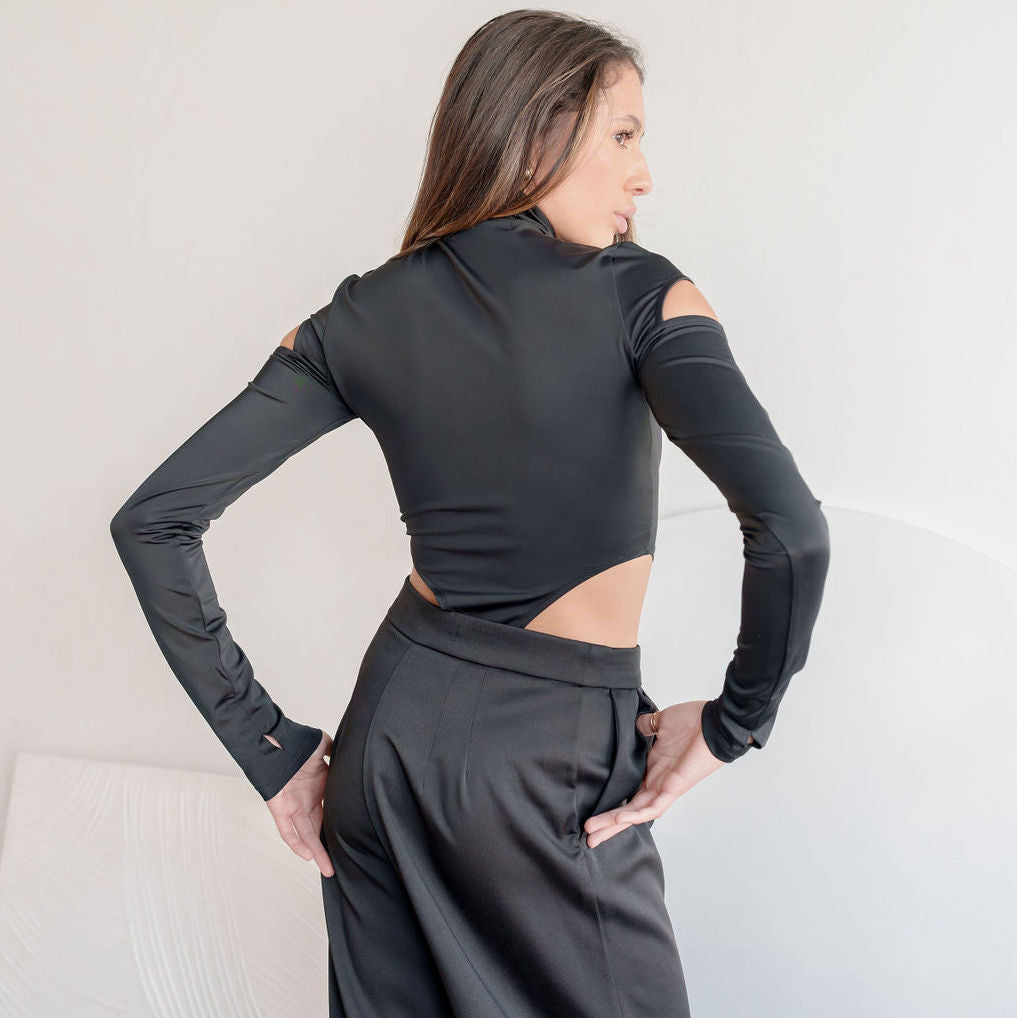 Black Mock Neck Bodysuit With Zipper Bust Design