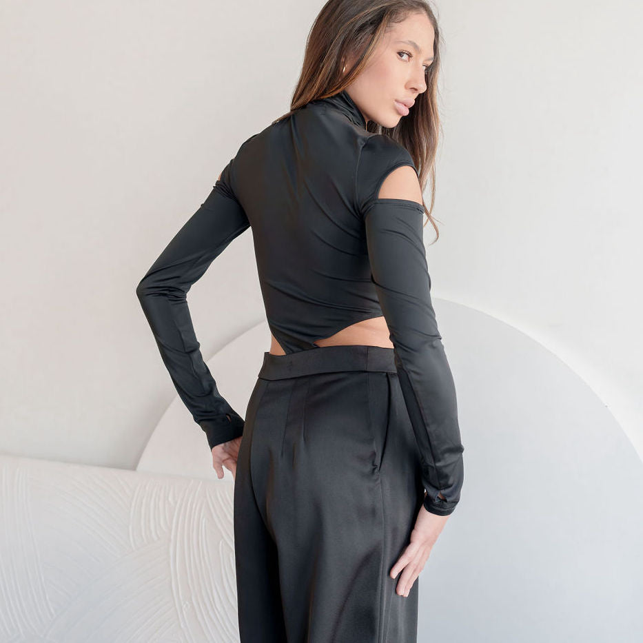 Black Mock Neck Bodysuit With Zipper Bust Design