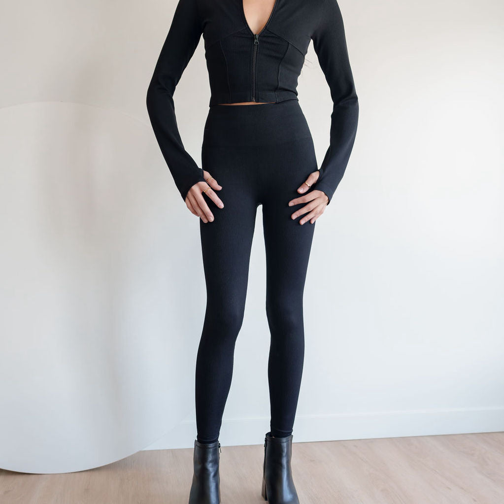 Seamless Ribbed Long Sleeve And Legging Set