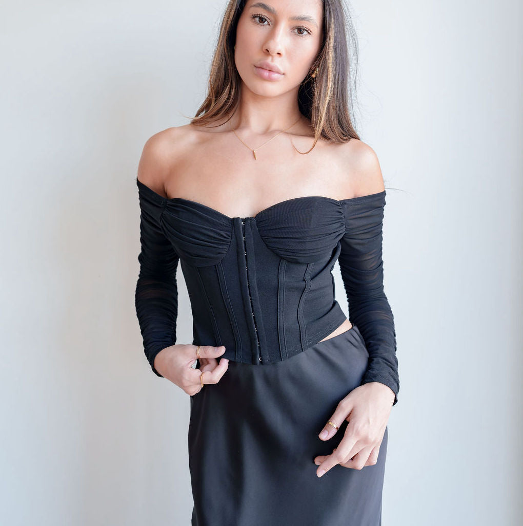 Mesh Corset Top With Off-Shoulder Long Sleeve