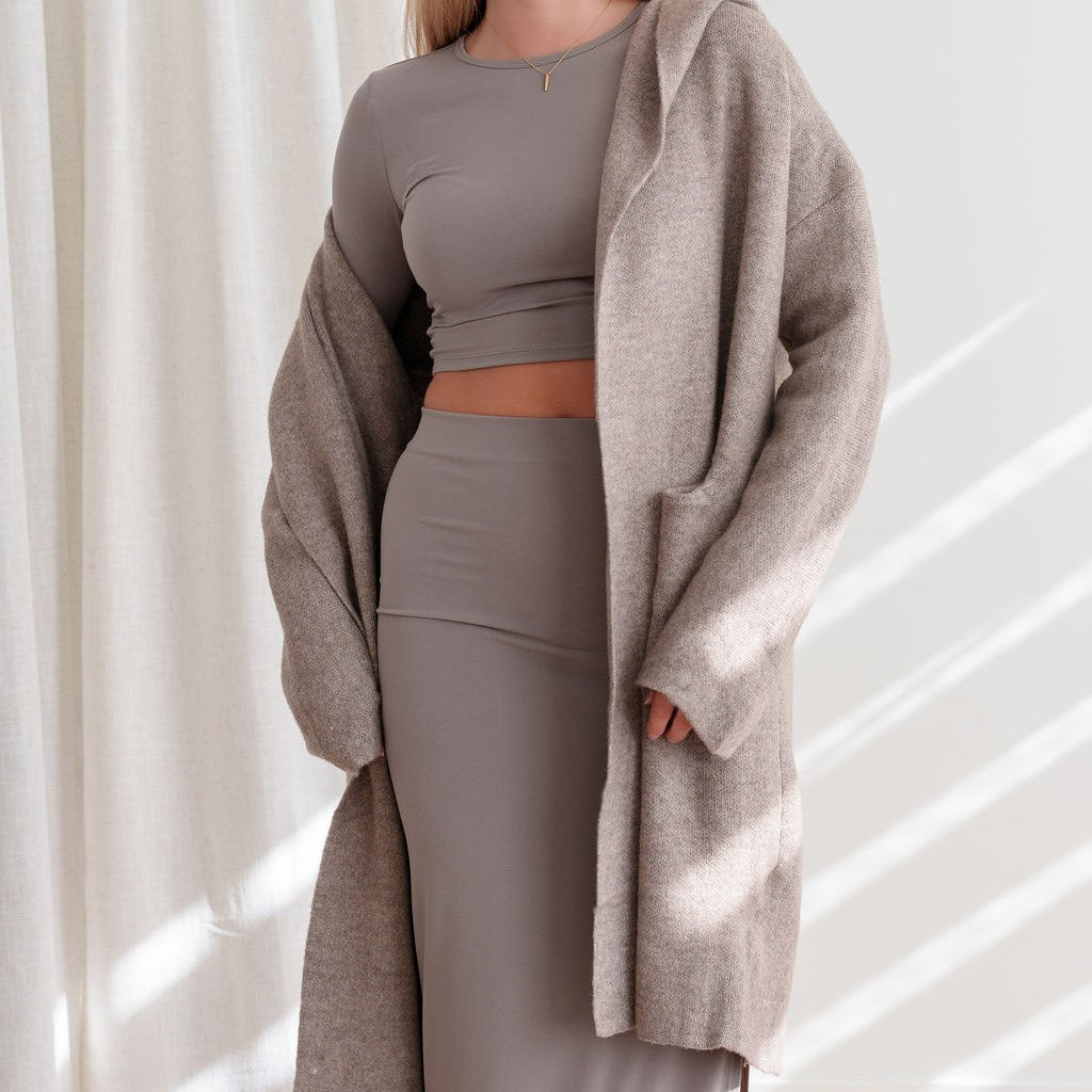 Hooded Heavy Cardigan in Taupe