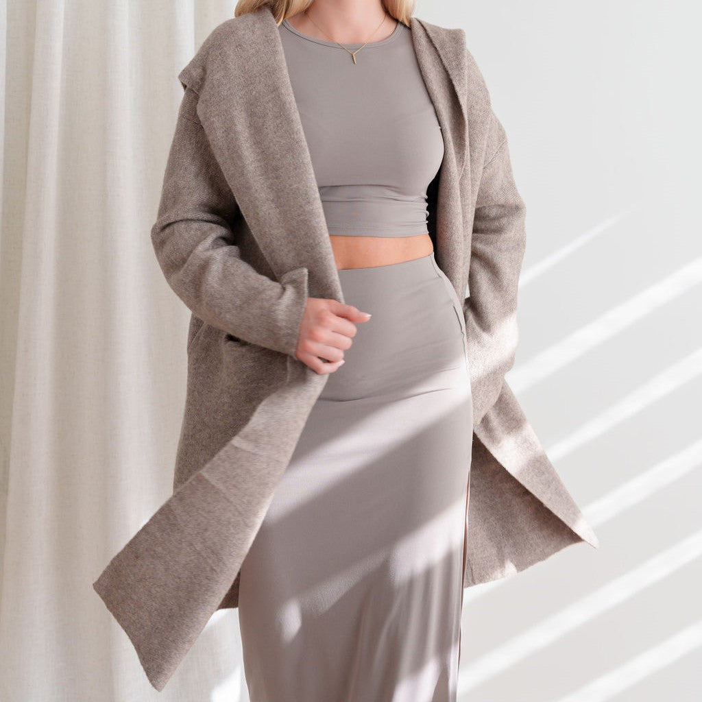 Hooded Heavy Cardigan in Taupe