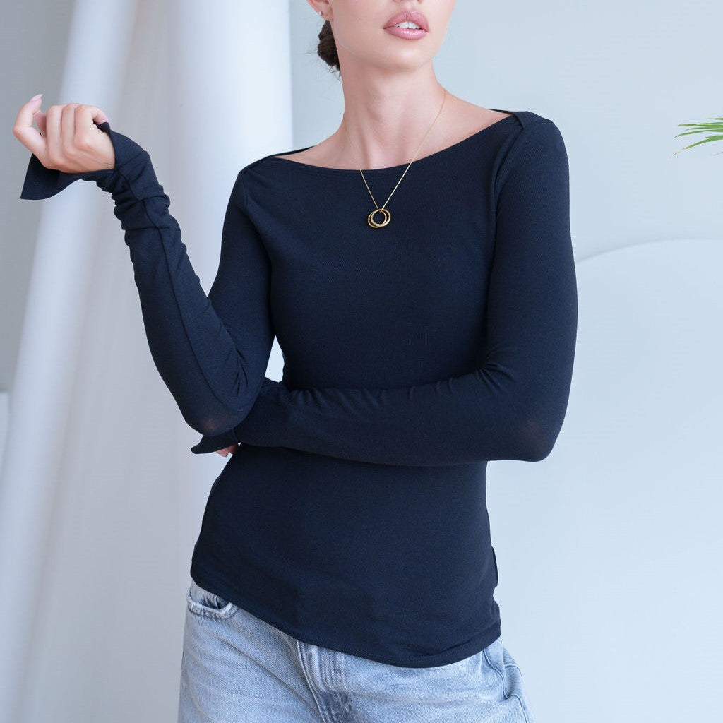 Long Sleeve Boatneck Top With Slit Sleeve