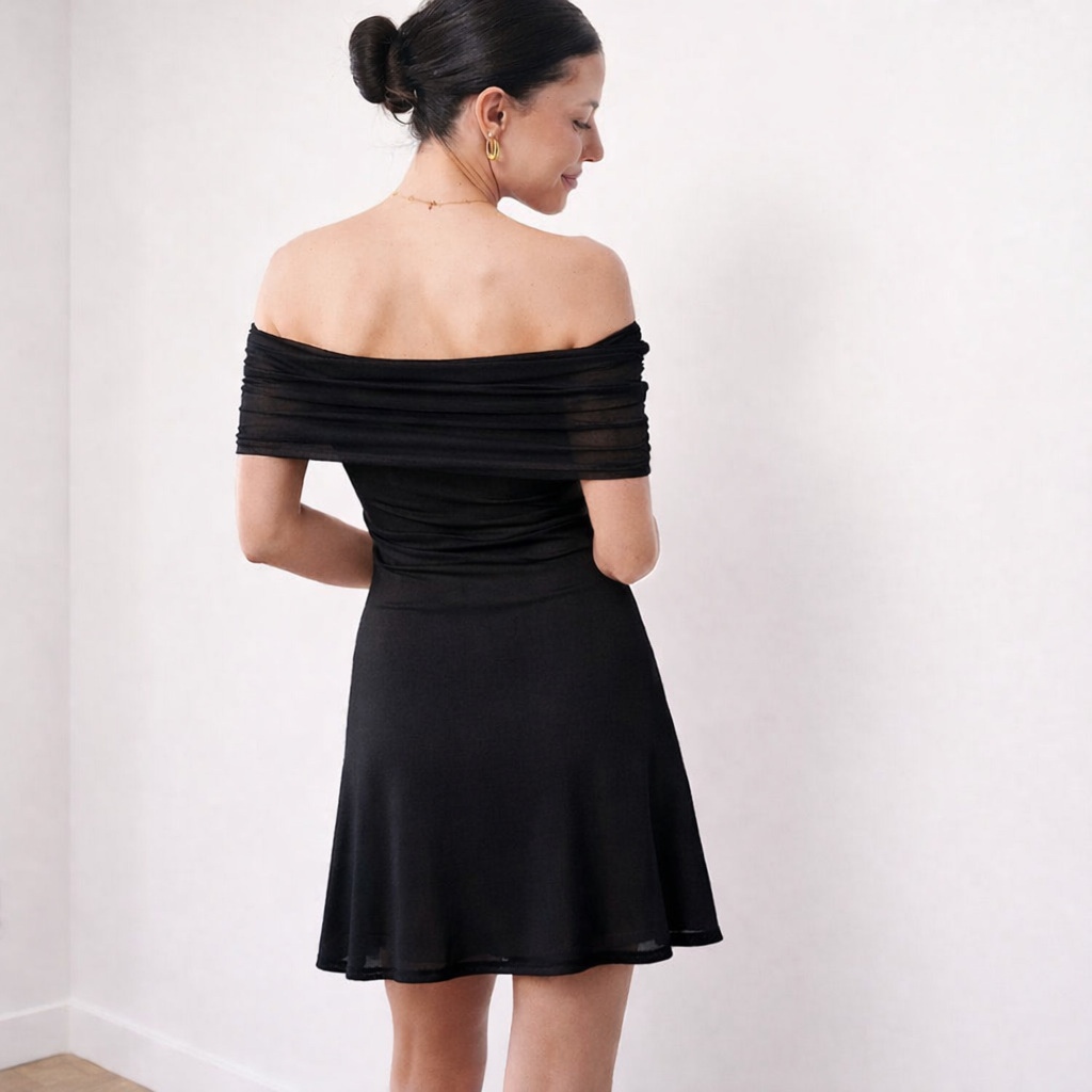 THE AMARA MESH OFF-SHOULDER MINI DRESS