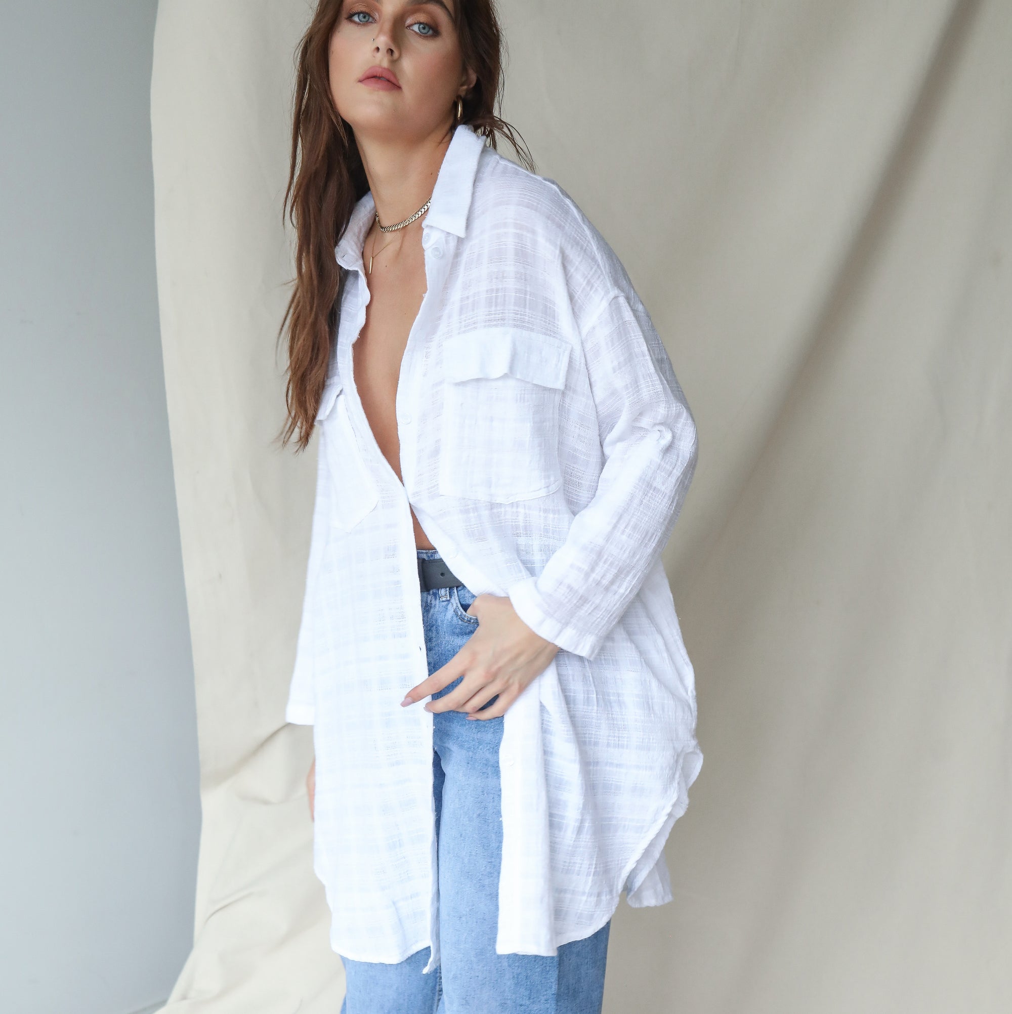 Lat One! Cream Oversized Button Up Top In Cotton Gauze