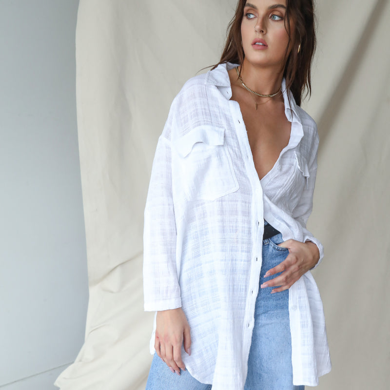 Lat One! Cream Oversized Button Up Top In Cotton Gauze