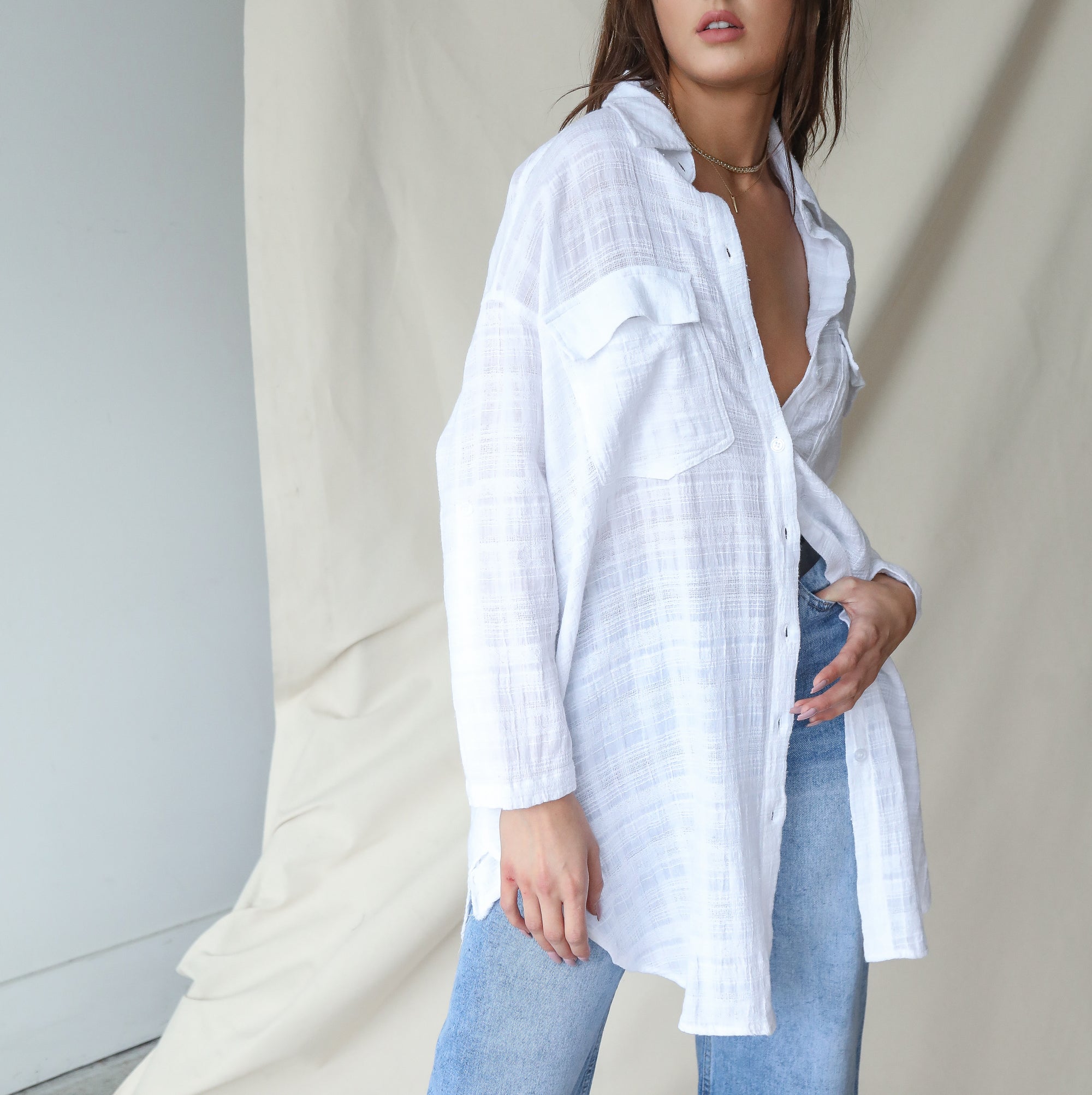 Lat One! Cream Oversized Button Up Top In Cotton Gauze