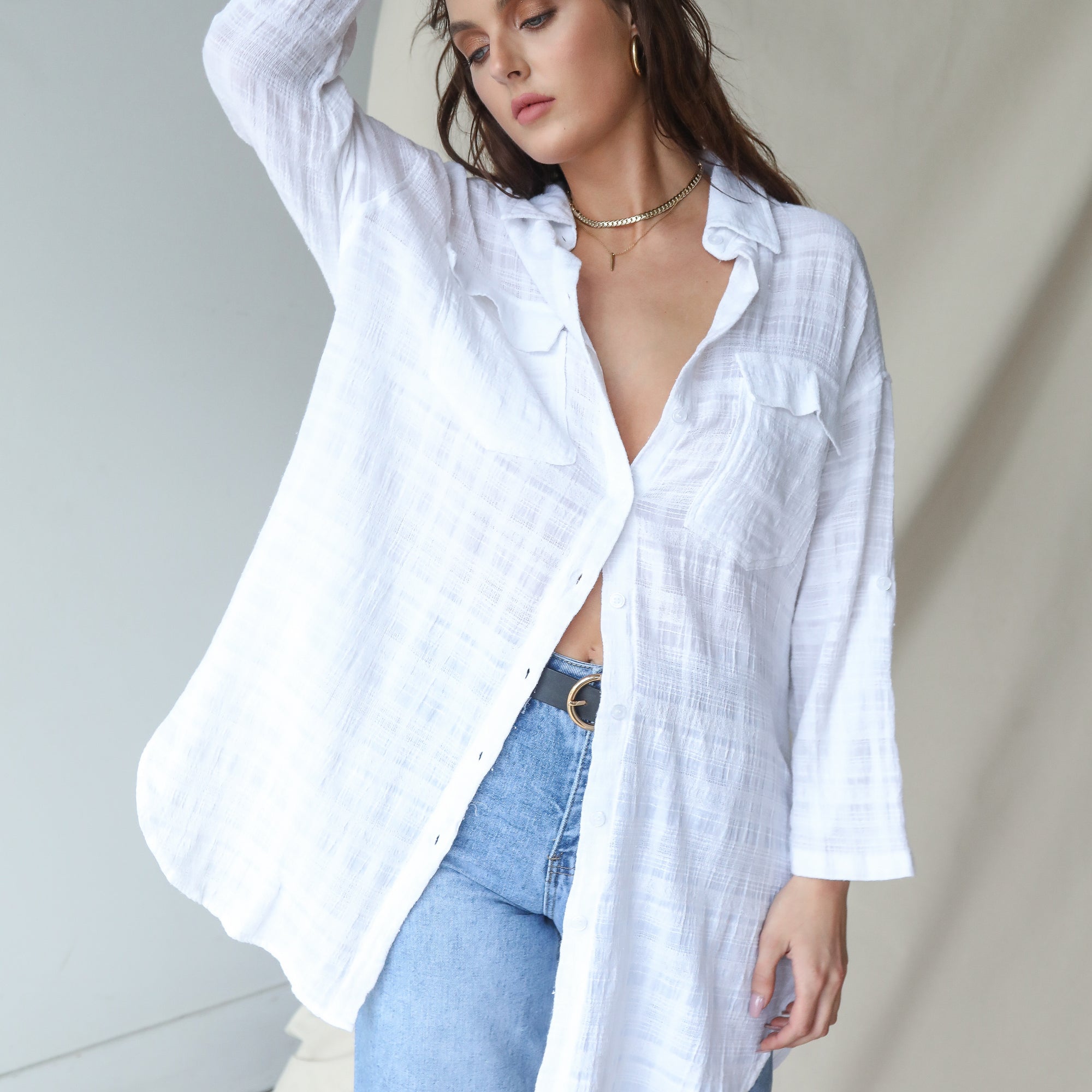 Lat One! Cream Oversized Button Up Top In Cotton Gauze