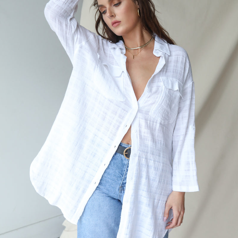 Lat One! Cream Oversized Button Up Top In Cotton Gauze
