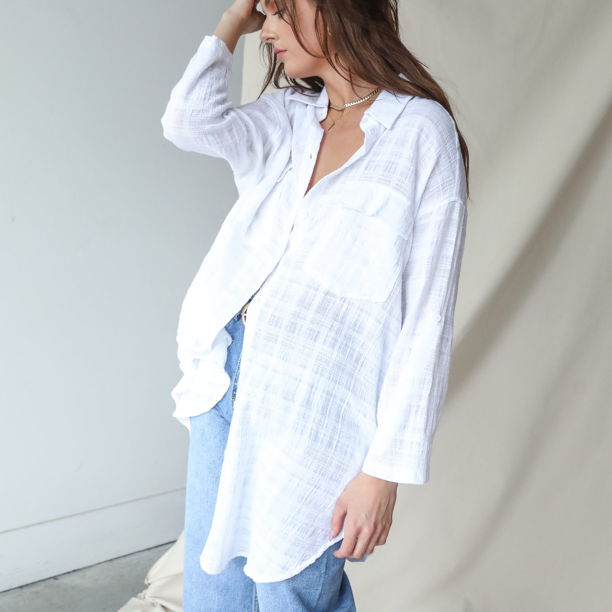 Lat One! Cream Oversized Button Up Top In Cotton Gauze
