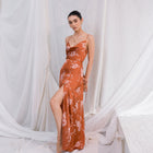 Rust Floral Satin Maxi Dress W/ Slit