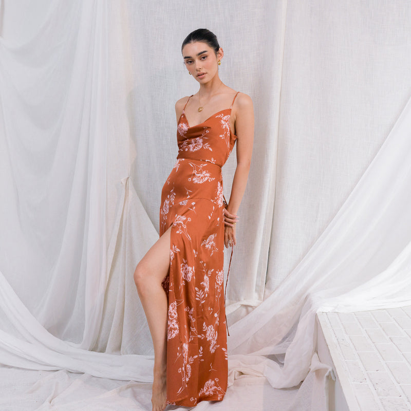 Rust Floral Satin Maxi Dress W/ Slit