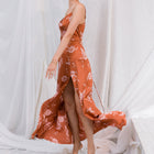 Rust Floral Satin Maxi Dress W/ Slit