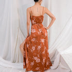 Rust Floral Satin Maxi Dress W/ Slit
