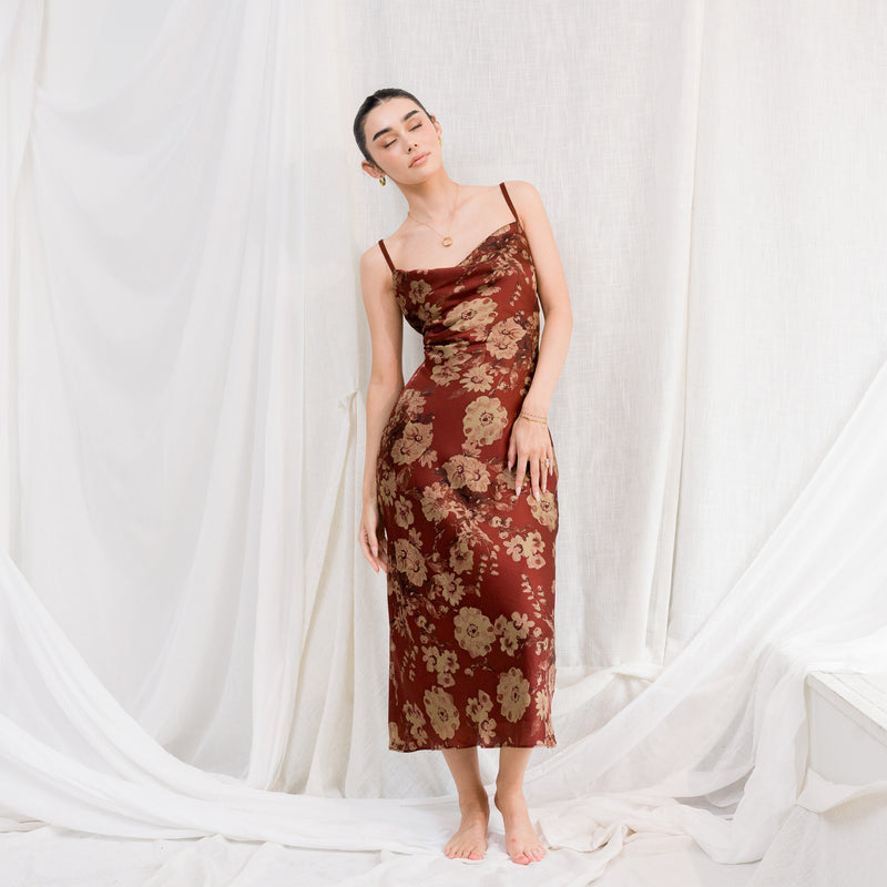 Merlot Floral X Back Dress in Soft Satin