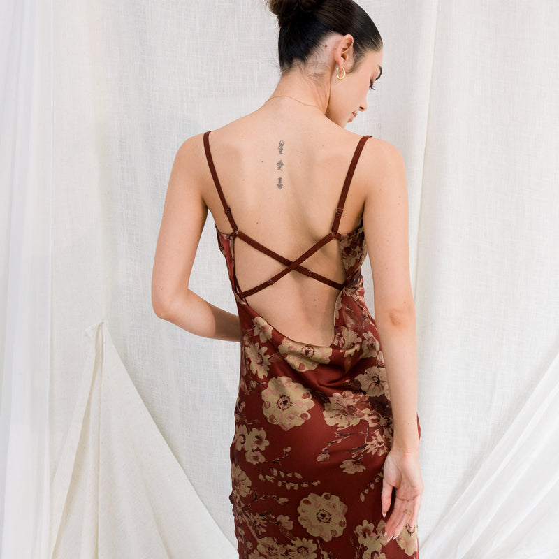 Merlot Floral X Back Dress in Soft Satin