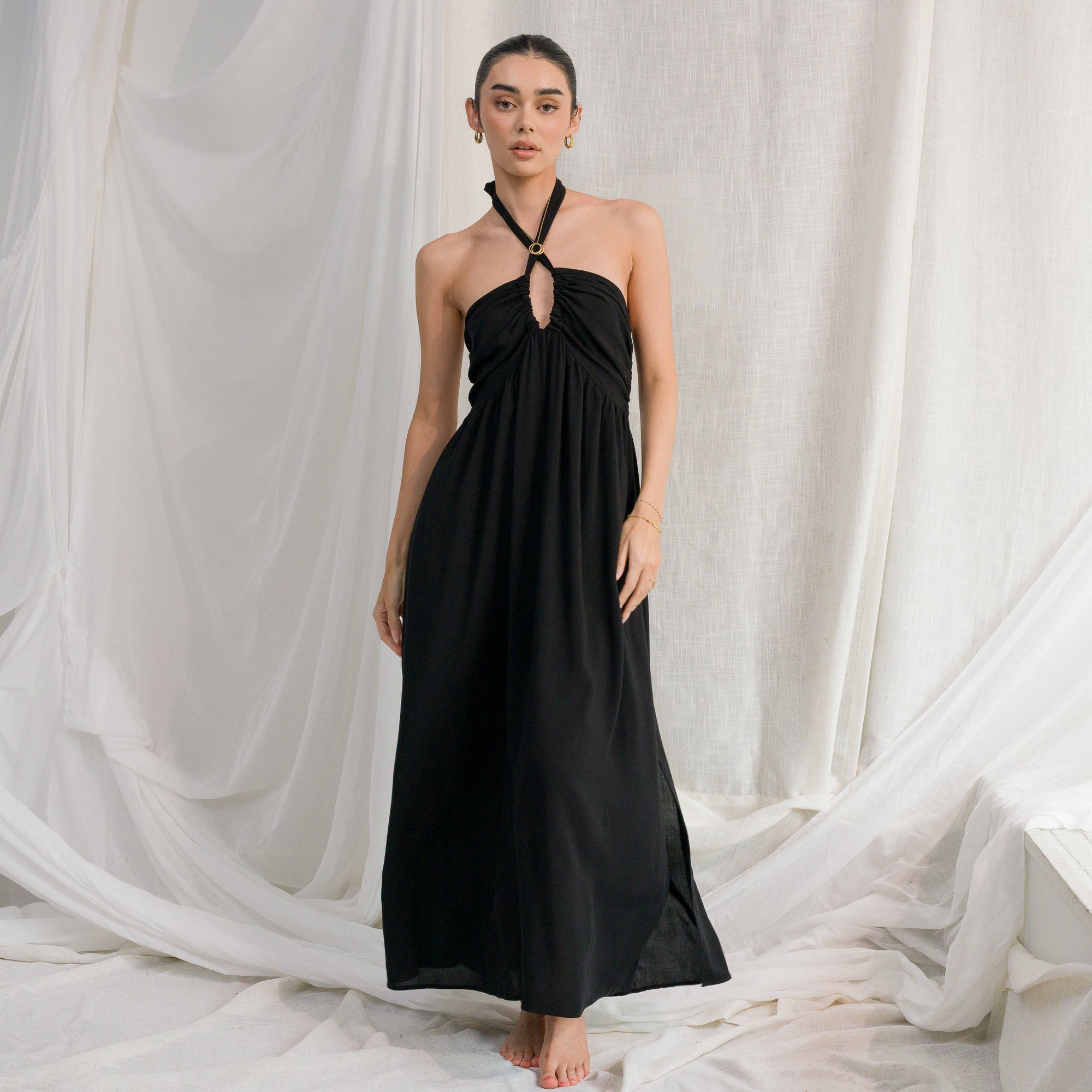 Halter Neck Shirring With Side Slit Detailed Dress