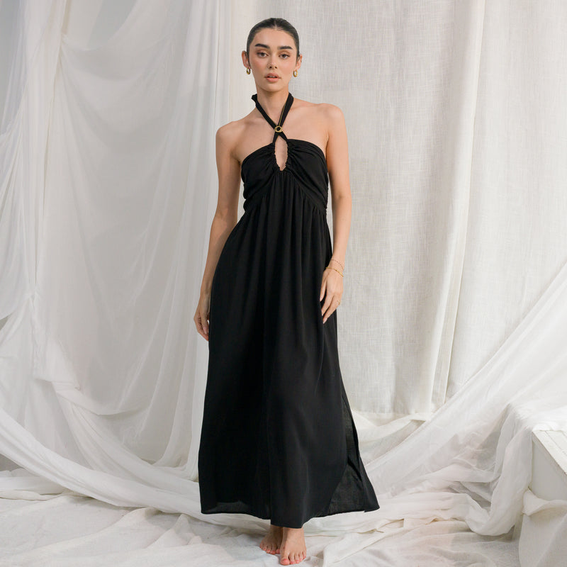 Halter Neck Shirring With Side Slit Detailed Dress