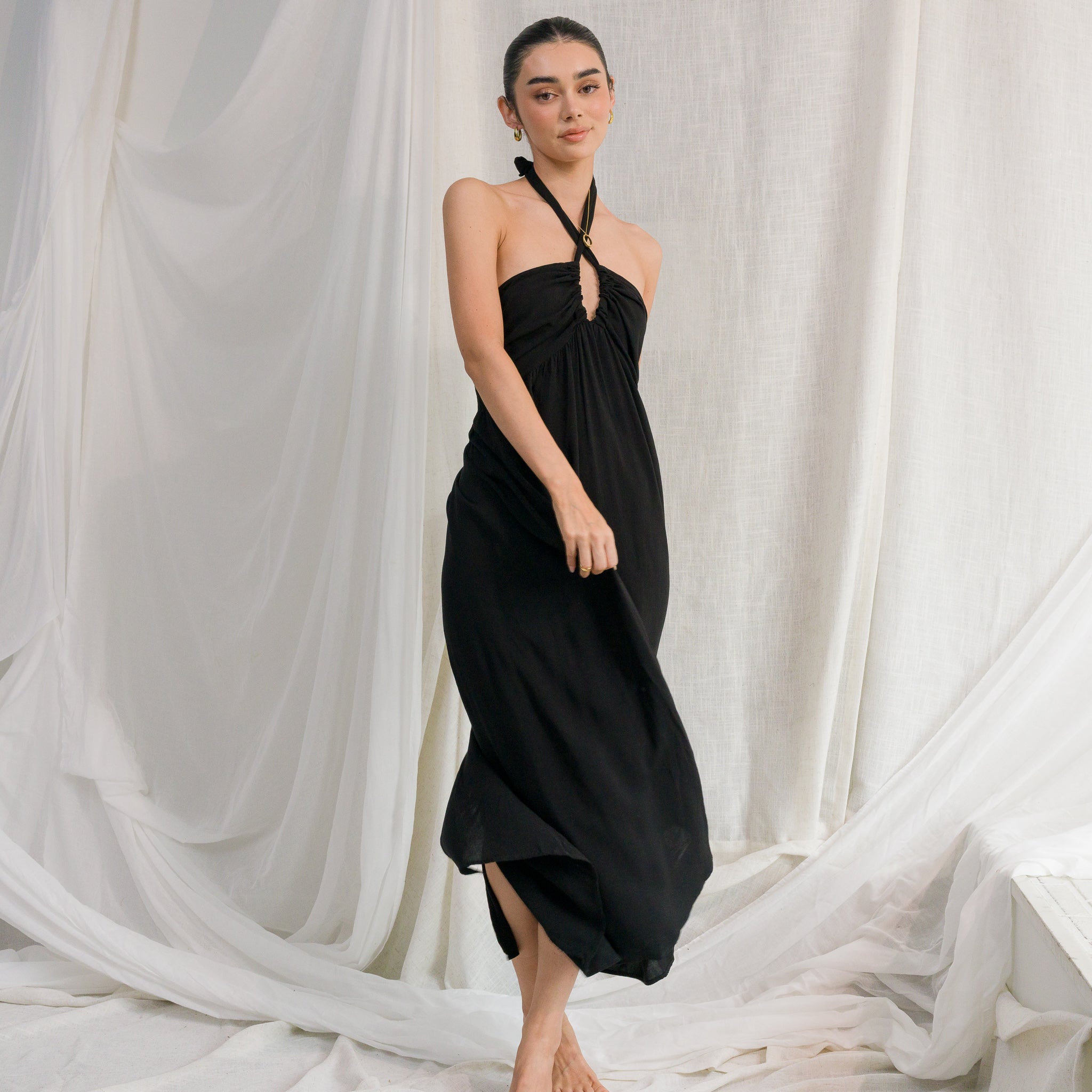 Halter Neck Shirring With Side Slit Detailed Dress | OKAKIE
