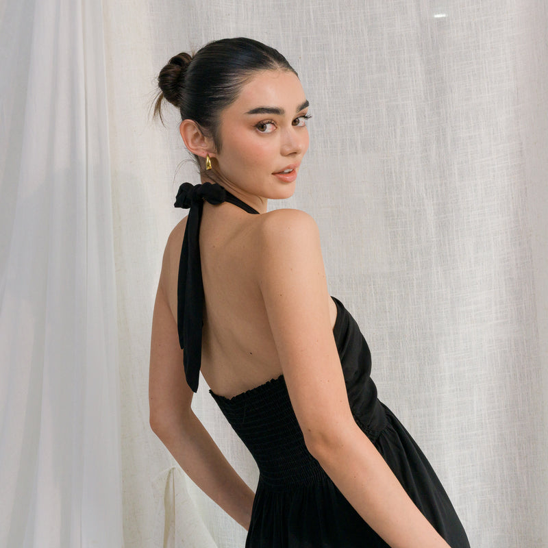 Halter Neck Shirring With Side Slit Detailed Dress