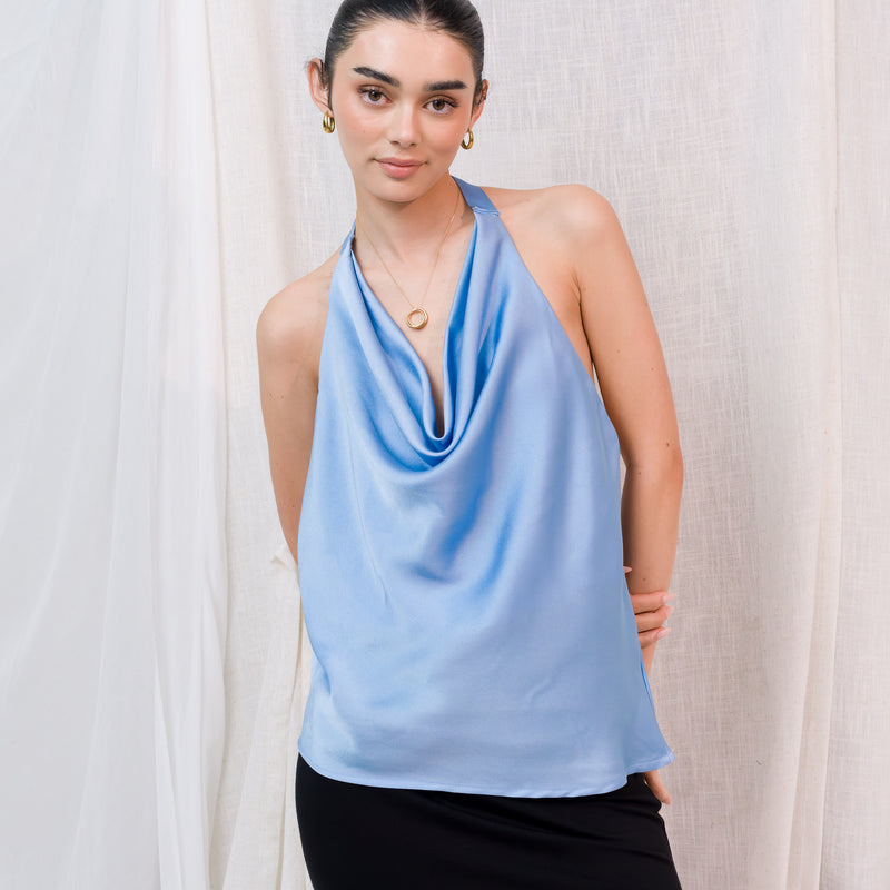 satin cowl neck halter top in Blue