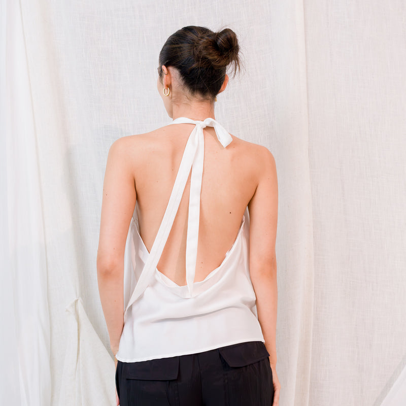 satin cowl neck halter top in Ivory
